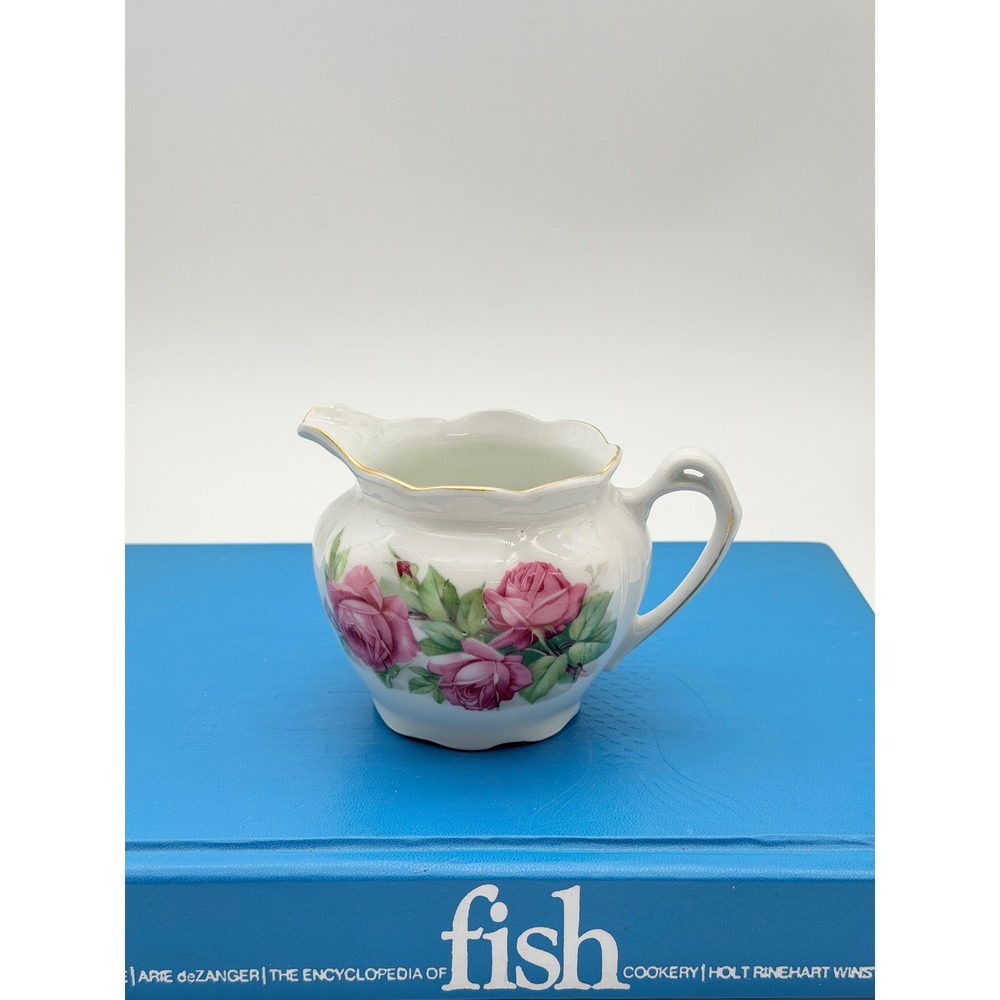 Vintage Bavaria Porcelain Creamer Pink‎ Rose Floral Gold Trim Scalloped Edge